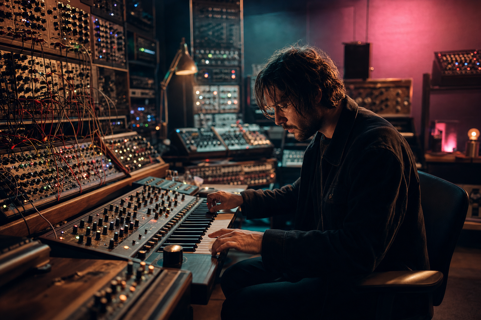 Compositore alla tastiera synth componendo una colonna sonora al Melomane Studio