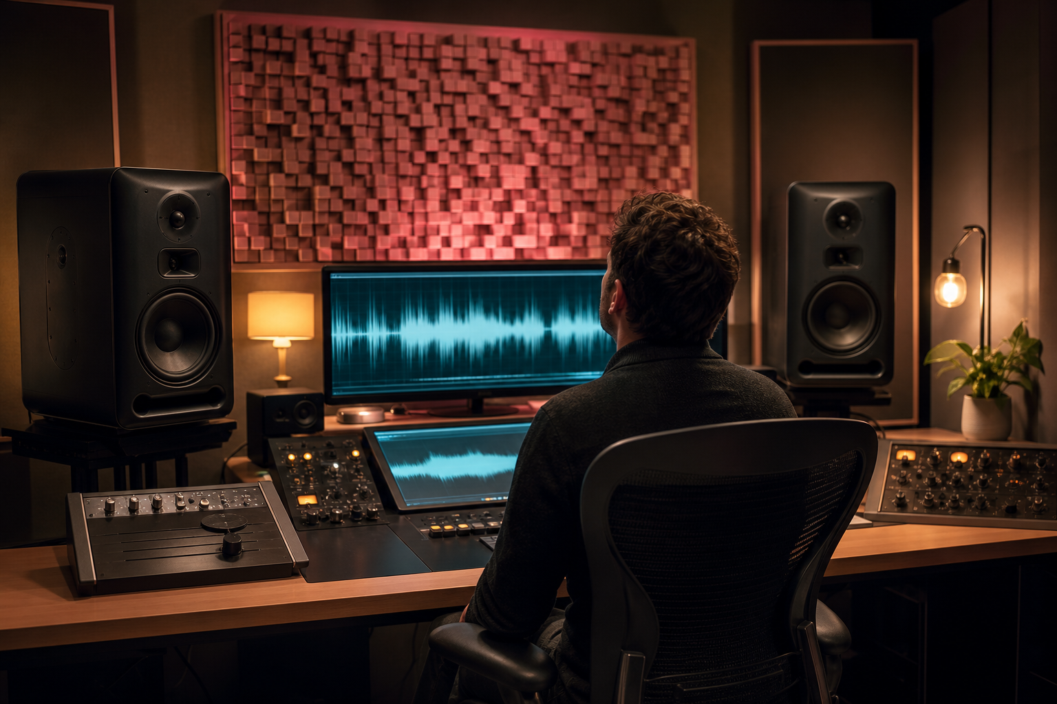 Suite di mastering audio con monitor da studio al Melomane Studio di Benevento