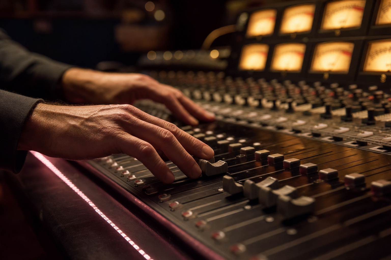 Fonico regola i fader di una console analogica durante il mixaggio al Melomane Studio