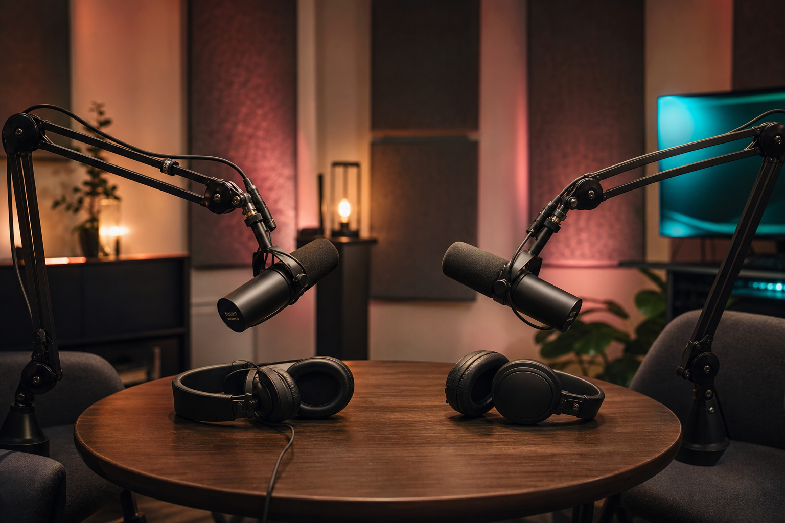 Postazione con due microfoni professionali per la registrazione di un podcast