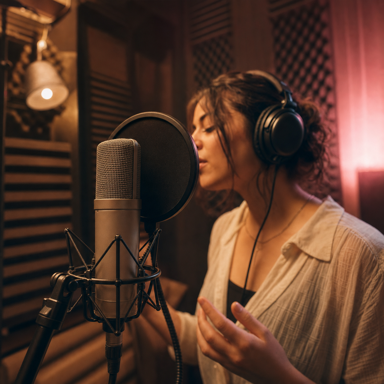 Cantante in cabina di registrazione insonorizzata al Melomane Studio di Benevento